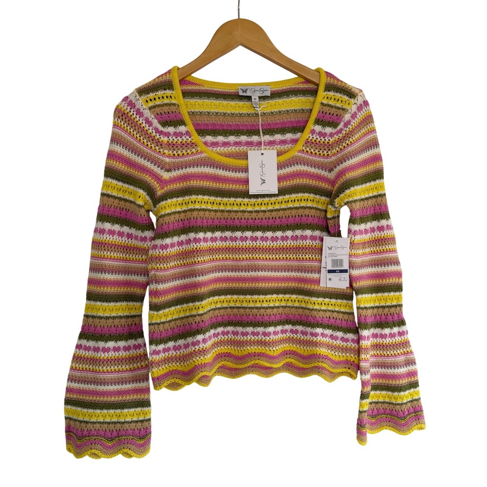 Jessica Simpson Lilianna Pointelle Pullover Sweater Yellow Pink Striped XS NEW